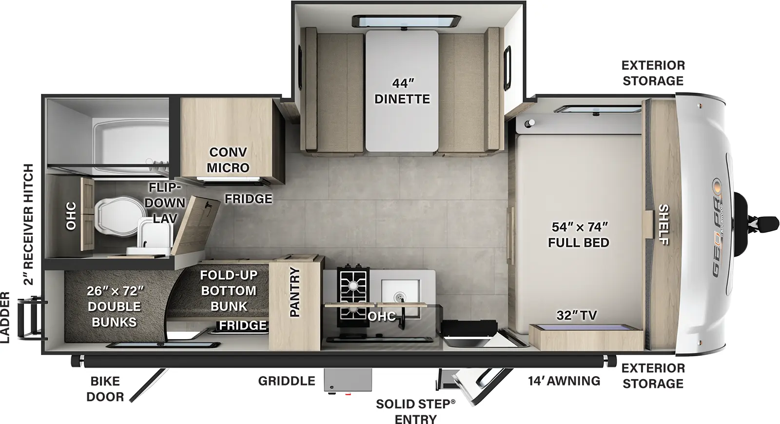 The Rockwood Geo Pro G20BH floorplan has one entry and one slide out. Exterior features include: fiberglass exterior and 14' awning. Interiors features include: bunk beds and front bedroom.